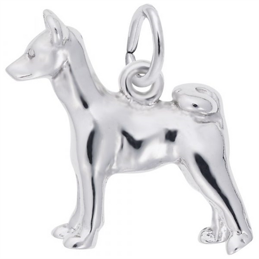 Image of a sterling silver Basenji Dog Charm, Style 2469, 0.62 in x 0.63 in (15.82 mm x 16.07 mm). The charm features a detailed depiction of a Basenji dog, showcasing its unique and graceful characteristics, attached to a loop for easy addition to any charm bracelet.