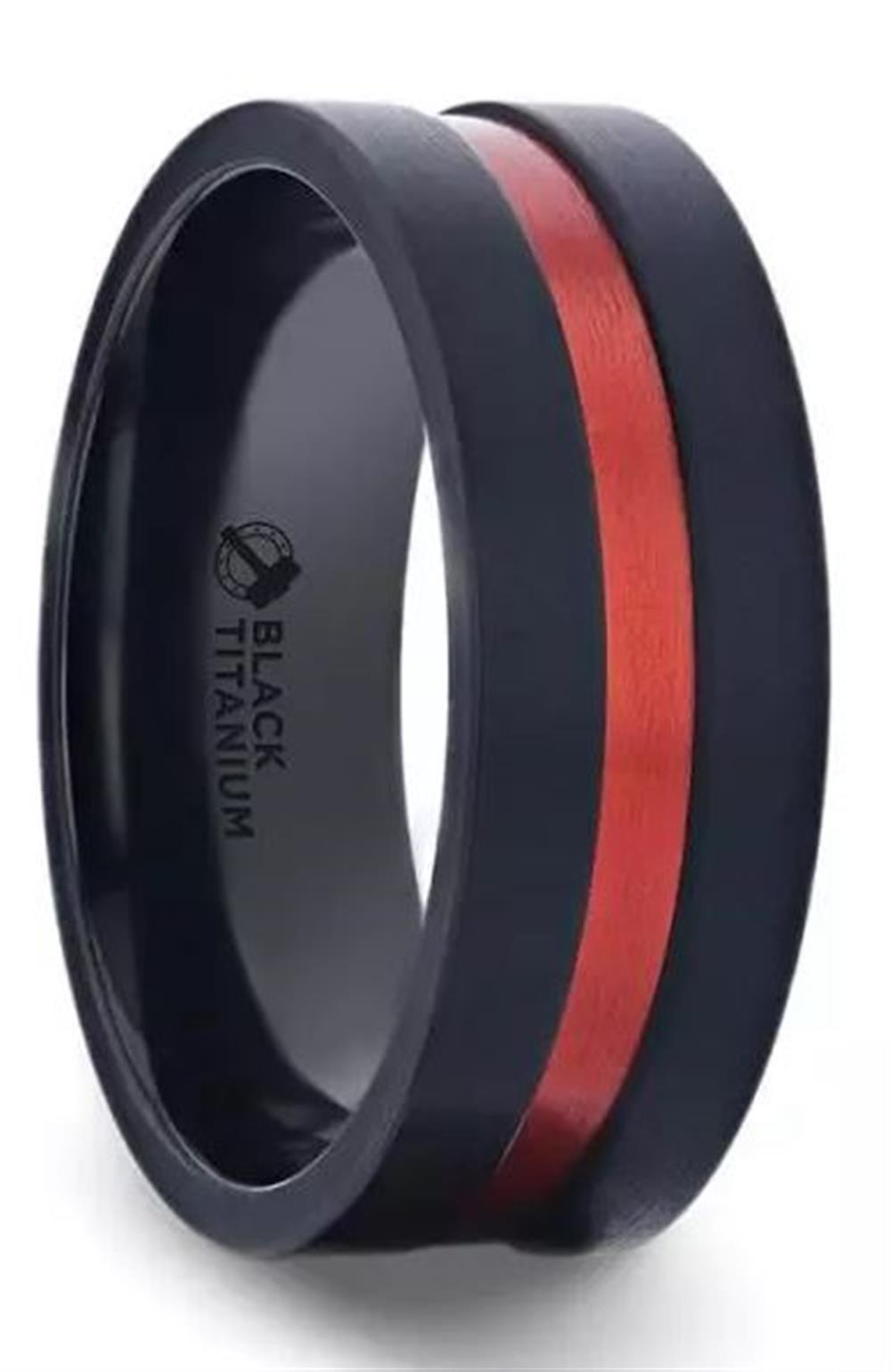 The Flat Brushed Black Titanium with Red Aluminum Groove Ring by Thorsten showcases a modern design with a continuous blaze red stripe inlaid around its circumference. The inner surface of this sleek black titanium ring is inscribed with the words "BLACK TITANIUM" alongside a graphic symbol.
