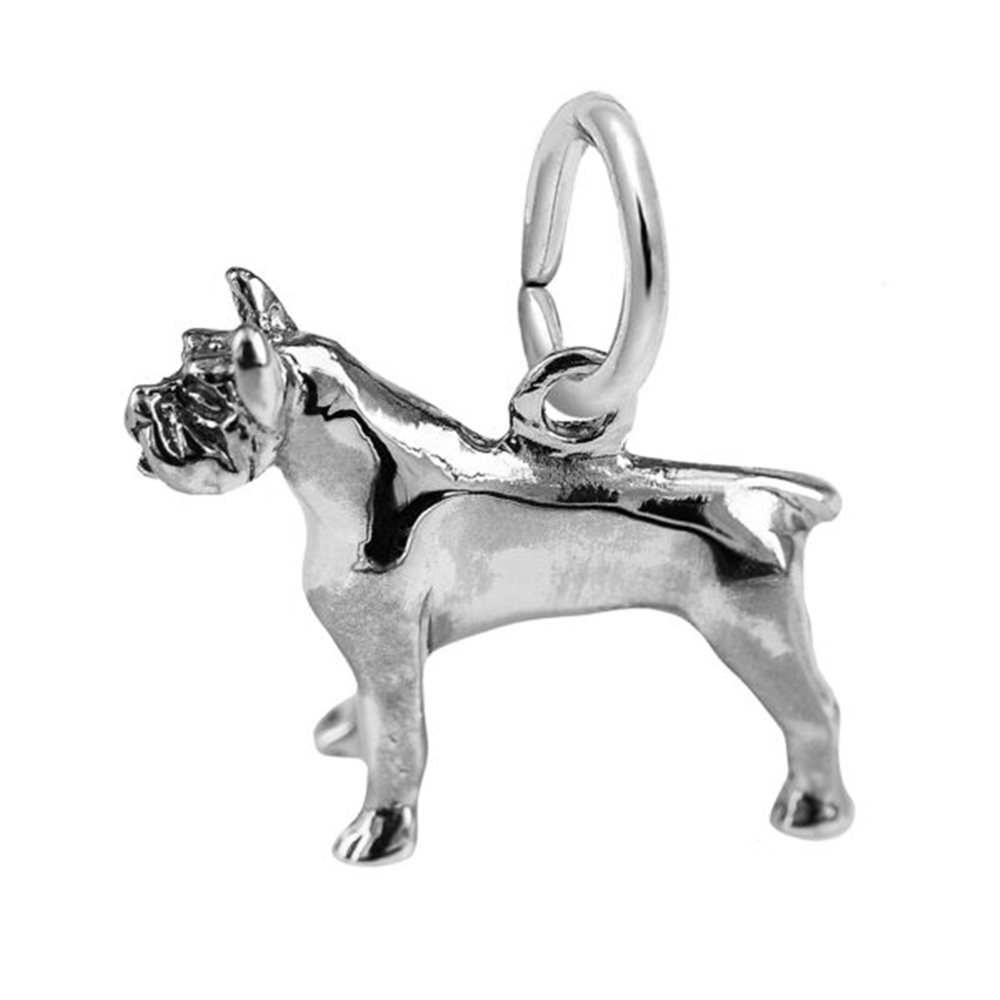 The Rembrandt Charms Pitbull Dog Charm in sterling silver features a standing pit bull with a short tail and floppy ears, attached to a small circular loop—perfect for anyone looking for unique Pit Bull jewelry to add to a bracelet or necklace.