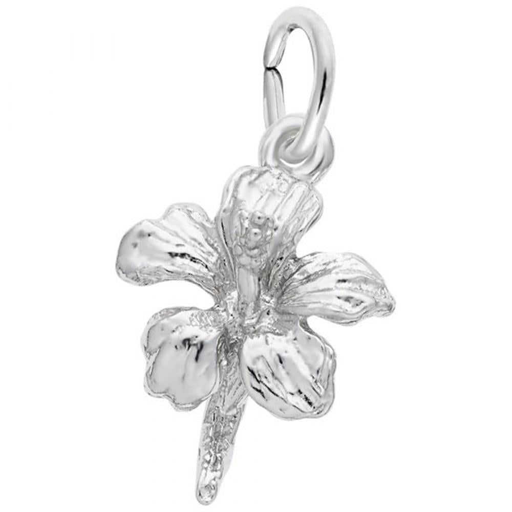 A detailed image of the Sterling Silver Hibiscus Flower Accent Charm by Rembrandt Charms. This charm features an intricately detailed hibiscus flower, measuring 0.44 inches by 0.58 inches (11.22 mm by 14.62 mm). The charm has a polished sterling silver finish, perfect for adding a touch of tropical elegance to any charm bracelet or necklace. Style number 5155.