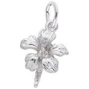 A detailed image of the Sterling Silver Hibiscus Flower Accent Charm by Rembrandt Charms. This charm features an intricately detailed hibiscus flower, measuring 0.44 inches by 0.58 inches (11.22 mm by 14.62 mm). The charm has a polished sterling silver finish, perfect for adding a touch of tropical elegance to any charm bracelet or necklace. Style number 5155.