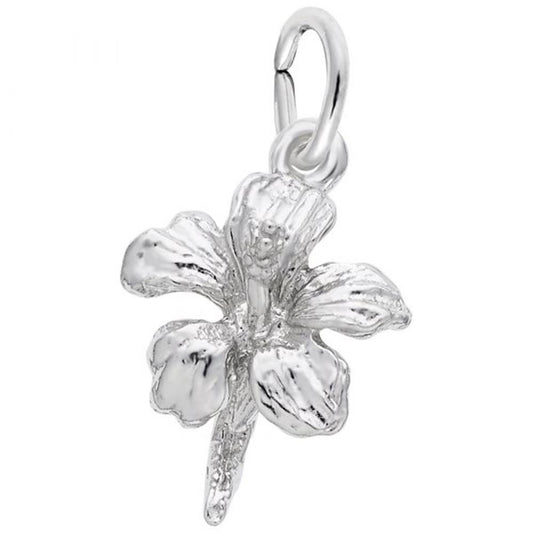 A detailed image of the Sterling Silver Hibiscus Flower Accent Charm by Rembrandt Charms. This charm features an intricately detailed hibiscus flower, measuring 0.44 inches by 0.58 inches (11.22 mm by 14.62 mm). The charm has a polished sterling silver finish, perfect for adding a touch of tropical elegance to any charm bracelet or necklace. Style number 5155.