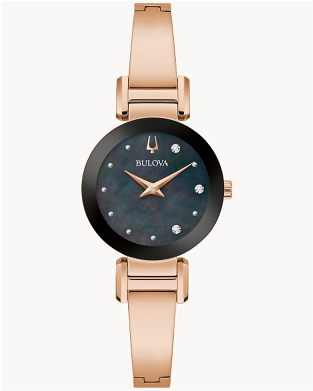 The Bangle L R BR MP D003 MARC ANTHONY by Bulova Watch Company is a slim gold-toned wristwatch that boasts a black round dial with delicate diamond hour markers and gold hands. This piece captures Marc Anthony's sophisticated style, featuring a minimalist and elegant design that closely resembles a bangle, making it perfect for both formal occasions and everyday wear.
