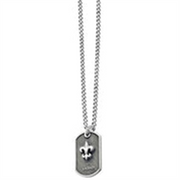 A sleek, minimalist silver chain necklace from King Baby features their small fleur-de-lis pendant with a raised fleur-de-lis symbol in the center. The rectangular dog tag and chain together create an elegant, understated design.