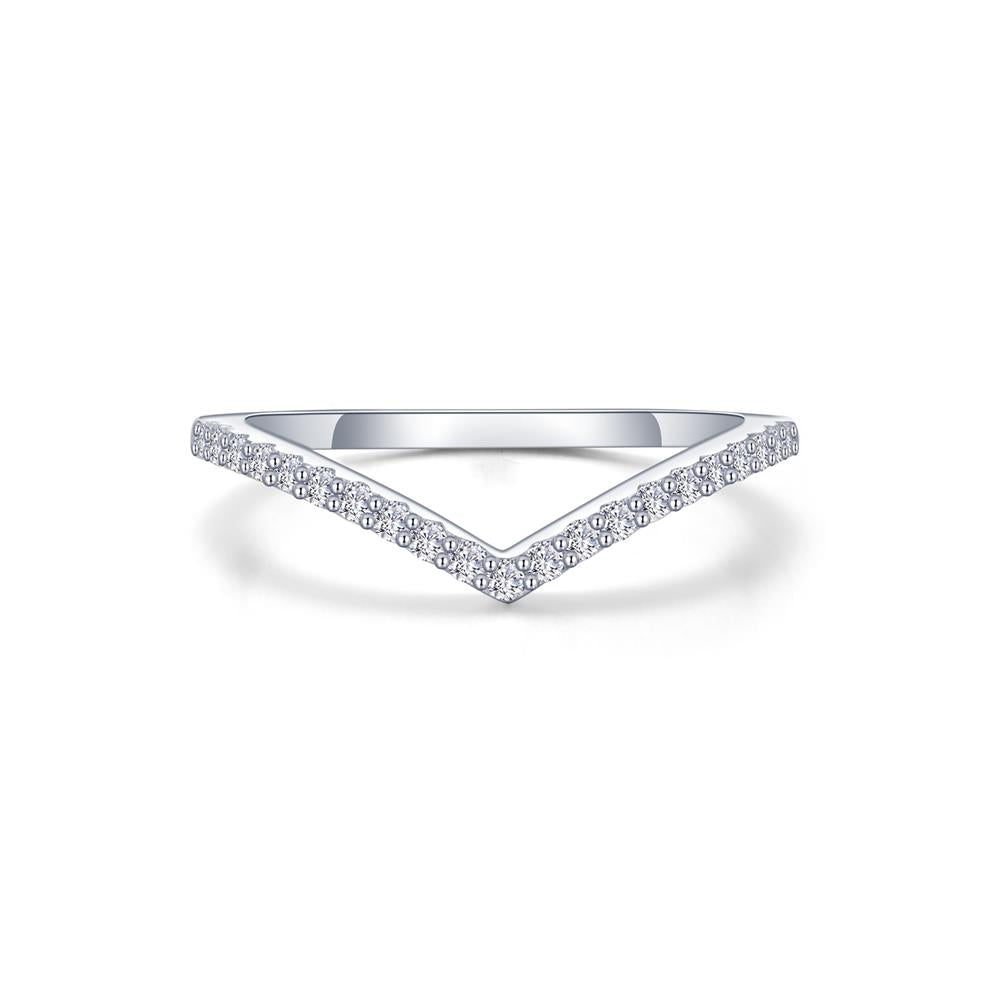 The Lafonn Chevron Wave Band Size 7 is a minimalist V-shaped ring, crafted from silver and encrusted with small, sparkling diamonds along the top edge. Viewed head-on against a plain white background, it beautifully showcases its elegant and modern design.