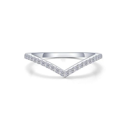 The Lafonn Chevron Wave Band Size 7 is a minimalist V-shaped ring, crafted from silver and encrusted with small, sparkling diamonds along the top edge. Viewed head-on against a plain white background, it beautifully showcases its elegant and modern design.