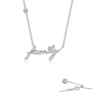 The Family Word Necklace by Lafonn is crafted from sterling silver and features the word "family" written in a cursive script, accented with small round stones. The chain is adorned with additional small stones and includes a delicate clasp for fastening.