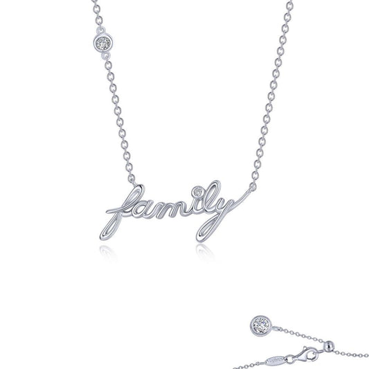 The Family Word Necklace by Lafonn is crafted from sterling silver and features the word "family" written in a cursive script, accented with small round stones. The chain is adorned with additional small stones and includes a delicate clasp for fastening.