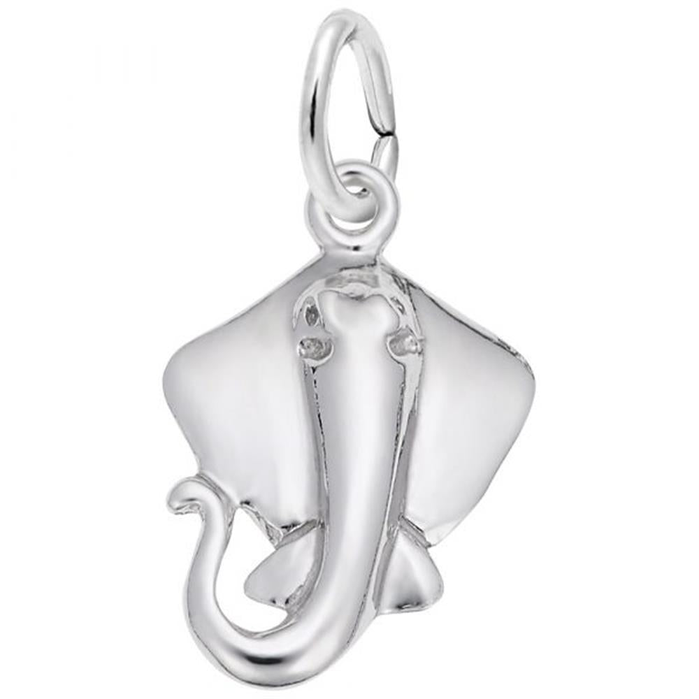 The Stingray Charm / Sterling Silver by Rembrandt Charms showcases a detailed design with smooth edges, highlighted by a gracefully curled tail. Featuring a small loop at the top for effortless attachment to jewelry, this charm beautifully captures the stingray's wide, flat body and distinctive tail.