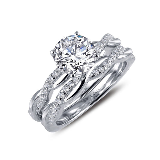 The Lafonn Engagement Ring with Wedding Band, size 4, features a large round center stone and intertwining bands set with sparkling accents, creating an elegant design perfect for both engagement and wedding.