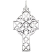 The Rembrandt Charms Celtic Cross Charm in sterling silver showcases intricate geometric and interwoven patterns. This traditional Celtic design features a circular halo connecting the arms of the cross, complete with a small loop at the top for attaching to a chain or cord.