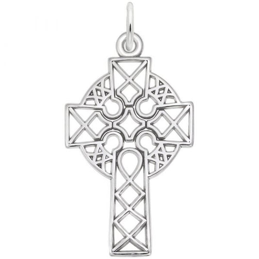 The Rembrandt Charms Celtic Cross Charm in sterling silver showcases intricate geometric and interwoven patterns. This traditional Celtic design features a circular halo connecting the arms of the cross, complete with a small loop at the top for attaching to a chain or cord.