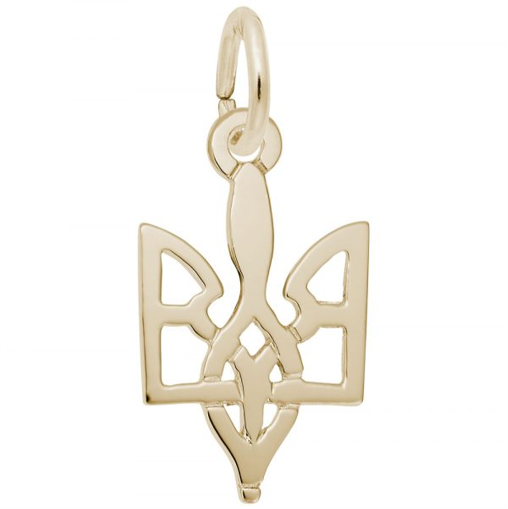 The Rembrandt Charms Ukrainian Trident Charm is crafted from 14K yellow gold and features a design that resembles a stylized Ukrainian Trident with abstract, cut-out shapes and curves. The pendant has a loop at the top for easy attachment to any chain or necklace, all set against a plain white background.