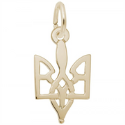 The Rembrandt Charms Ukrainian Trident Charm is crafted from 14K yellow gold and features a design that resembles a stylized Ukrainian Trident with abstract, cut-out shapes and curves. The pendant has a loop at the top for easy attachment to any chain or necklace, all set against a plain white background.