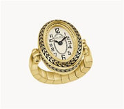 The Bulova Watch Company 97L188 Ring Watch from the Archive series features an oval face with black numerals, ornate bezel detailing, and a flexible gold band, shown against a plain white background.