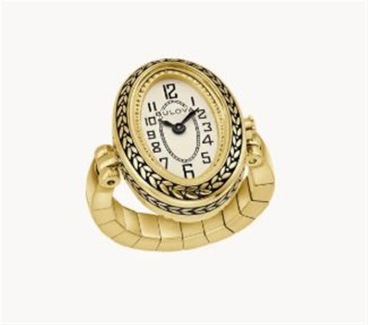 The Bulova Watch Company 97L188 Ring Watch from the Archive series features an oval face with black numerals, ornate bezel detailing, and a flexible gold band, shown against a plain white background.
