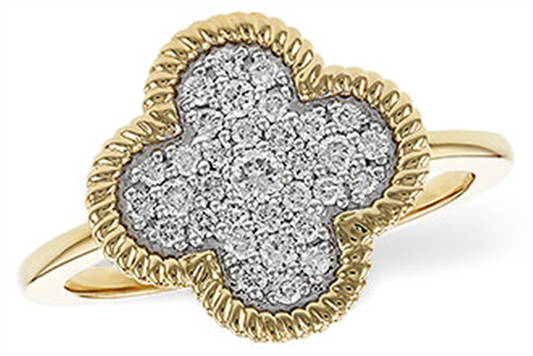 The Allison Kaufman 14k two tone diamond Clover shaped ring features a cluster of diamonds at the center and a textured gold border for added elegance.