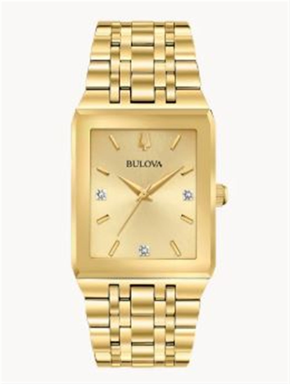 The Bulova 97D120 Quadra Modern Gold Tone Men’s Watch features a rectangular gold face, gold hour markers, four diamond accents at 3, 6, 9, and 12 o’clock, and a timeless linked metal bracelet.