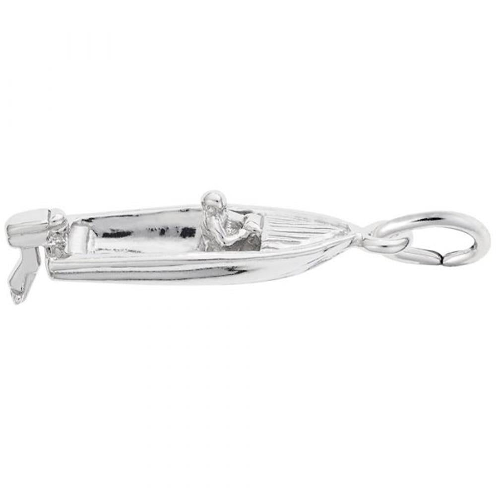 The Rembrandt Charms Motorboat Charm, crafted from sterling silver, features a detailed figure of a person seated inside a small motorboat. A loop is included at the front for easy attachment to jewelry.