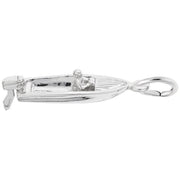 The Rembrandt Charms Motorboat Charm, crafted from sterling silver, features a detailed figure of a person seated inside a small motorboat. A loop is included at the front for easy attachment to jewelry.