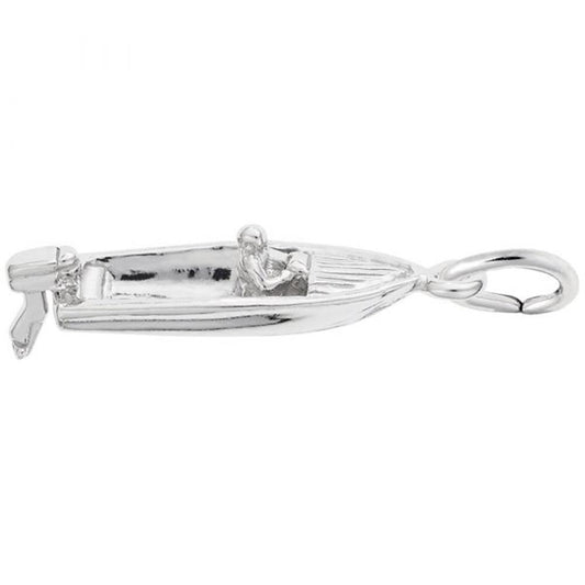 The Rembrandt Charms Motorboat Charm, crafted from sterling silver, features a detailed figure of a person seated inside a small motorboat. A loop is included at the front for easy attachment to jewelry.