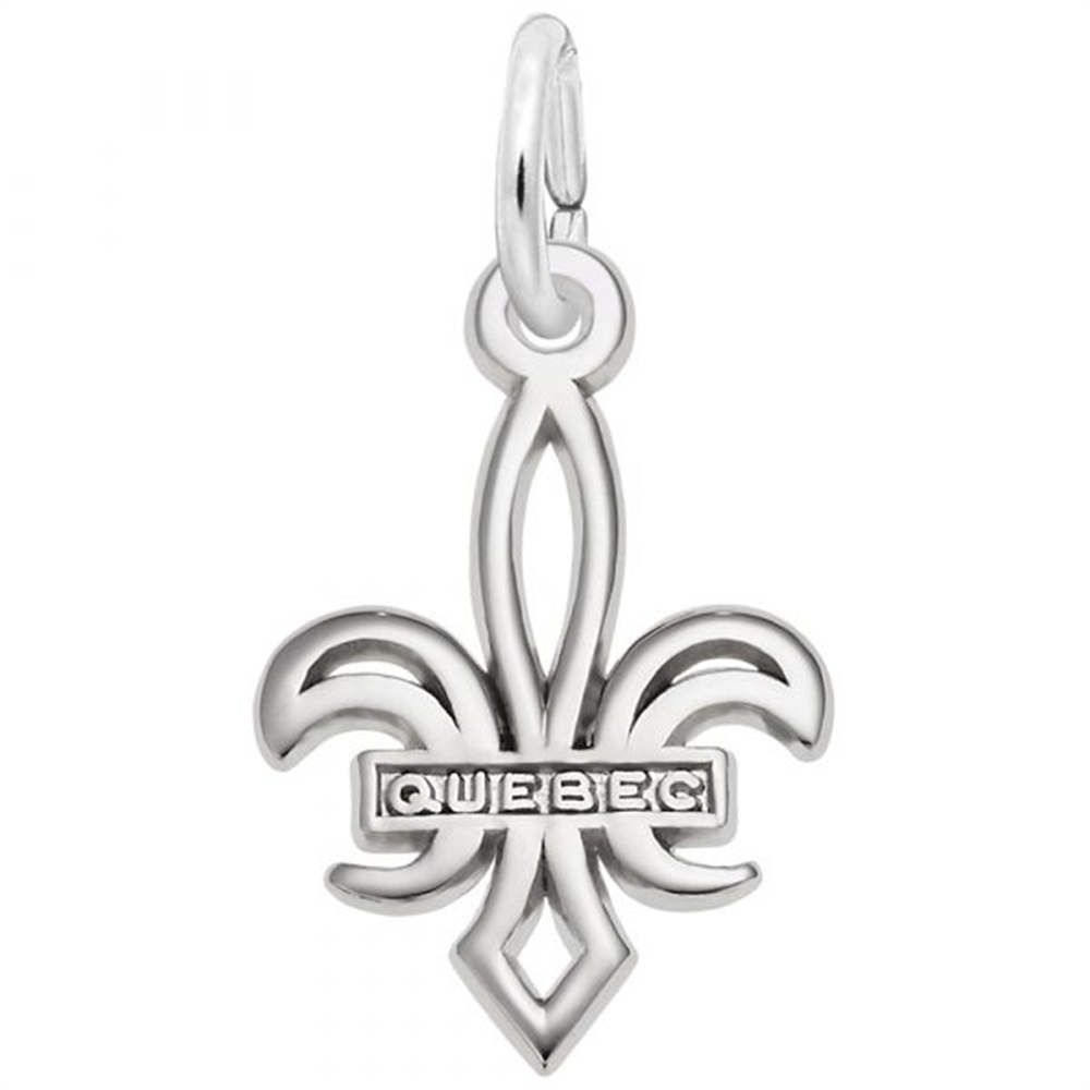 The Small Quebec Fleur-de-Lis Charm by Rembrandt Charms is crafted in sterling silver and features “QUEBEC” engraved across the center, celebrating French-Canadian heritage.