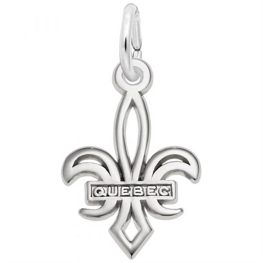 The Fleur De Lys Quebec Sterling Silver Charm by Rembrandt Charms features a classic three-petal design with "QUEBEC" elegantly inscribed, honoring the region's French heritage. It's attached to a loop for easy hanging or wearing.