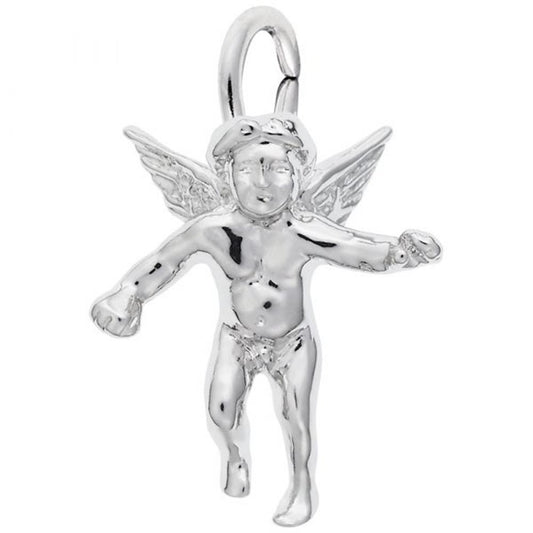 'Sterling silver charm depicting a cherub angel with detailed wings. Style 0520, 0.65 in x 0.81 in (16.5 mm x 20.56 mm).'