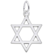 The Rembrandt Charms Star Of David Charm in sterling silver features a symmetrical, six-pointed star with an open center and a small loop at the top for easy attachment to a chain or keyring. Its well-defined and polished design gives it a sleek and elegant appearance, perfectly embodying the exquisite craftsmanship of Rembrandt Charms.