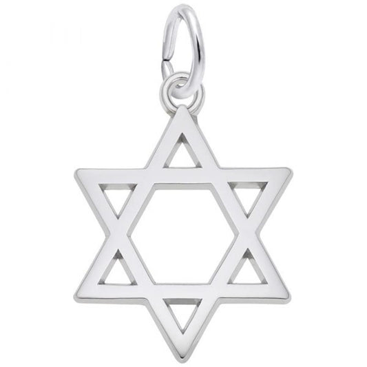 The Rembrandt Charms Star Of David Charm in sterling silver features a symmetrical, six-pointed star with an open center and a small loop at the top for easy attachment to a chain or keyring. Its well-defined and polished design gives it a sleek and elegant appearance, perfectly embodying the exquisite craftsmanship of Rembrandt Charms.