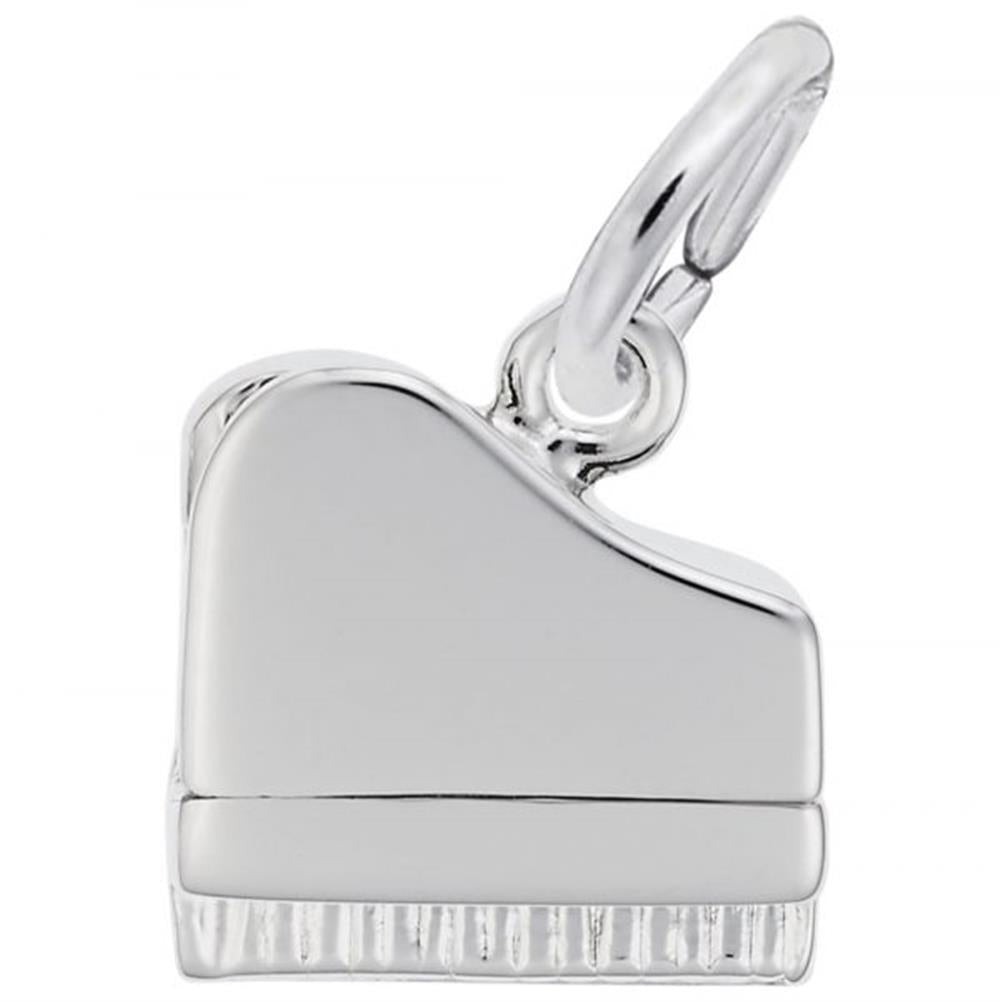 The Rembrandt Charms Piano Charm, crafted from polished sterling silver, features exquisite detailing including piano keys and lid, and is designed with a small loop for easy attachment to a bracelet or necklace.