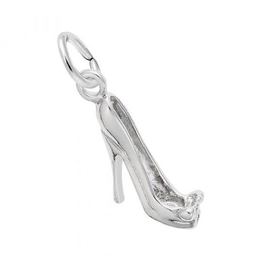 The Rembrandt Charms high heel shoe sterling silver charm features an open toe and delicate front bow, complete with a top loop for easy attachment to your bracelet or necklace.