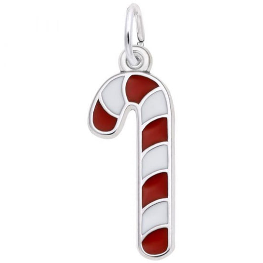 A Red & White Candy Cane Charm from Rembrandt Charms features alternating red and white stripes and a sterling silver loop at the top for attaching to a chain or bracelet. This Christmas charm captures the traditional, curved shape associated with festive decorations.