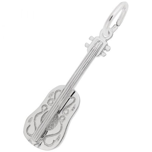 A sterling silver pendant shaped like a ukulele with decorative cutouts on its body. The charm, from Rembrandt Charms, has a loop at the top for attaching to a chain or bracelet. The design is intricate, with fine details mimicking the strings and structure of a real ukulele.