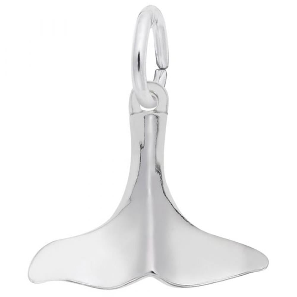 The Whale Tail Charm in sterling silver from Rembrandt Charms features smooth curves and a polished finish. This elegant pendant is equipped with a small, circular loop for easy hanging.