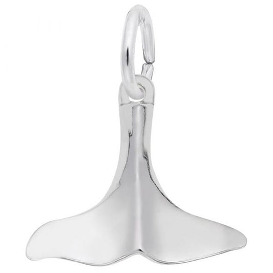 The Whale Tail Charm in sterling silver from Rembrandt Charms features smooth curves and a polished finish. This elegant pendant is equipped with a small, circular loop for easy hanging.