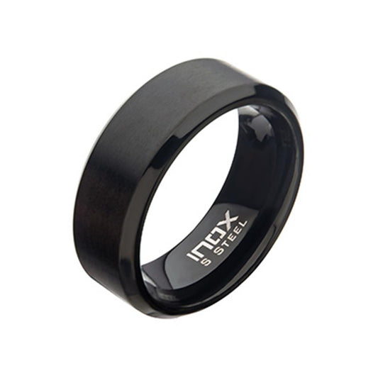 Introducing the Men's Stainless Steel 8mm Matte Black Plated Beveled Band Ring by INOX. This sleek band features a matte finish with beveled edges, inscribed inside with the brand name "INOX STEEL." It embodies a modern, minimalist design tailored for men. Available in size 1.