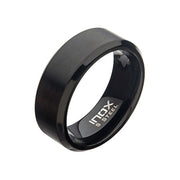 A matte black men's stainless steel ring, featuring an 8mm beveled band for added sophistication. The inner band showcases the brand name "INOX" on a sleek background, combining style and elegance in size 9.