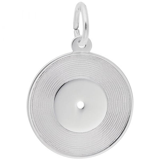 A close-up image of the Rembrandt Charms Record Charm in sterling silver, featuring concentric circular patterns etched on its round surface. The charm has a small hole in its center and is attached to a loop for wearing on a necklace or bracelet, resembling a miniature vinyl record.