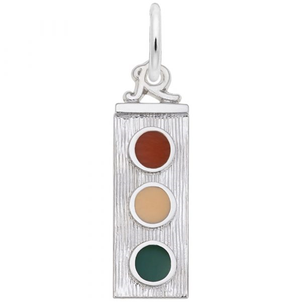 The Traffic Light Charm - Sterling Silver by Rembrandt Charms features three circular lights—red on top, yellow in the middle, and green at the bottom—making it a unique piece of jewelry for transportation enthusiasts.