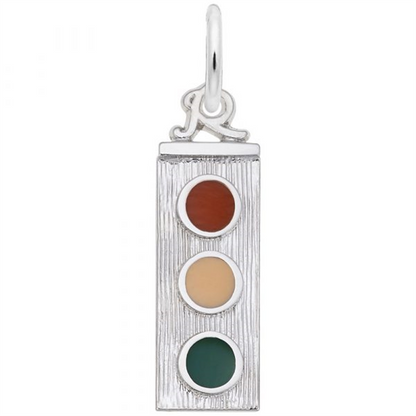 The Traffic Light Charm - Sterling Silver by Rembrandt Charms features three circular lights—red on top, yellow in the middle, and green at the bottom—making it a unique piece of jewelry for transportation enthusiasts.