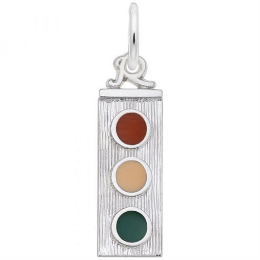 The Traffic Light - Sterling Silver Charm by Rembrandt Charms is a pendant shaped like a vertical traffic light, featuring textured, circular sections in red, orange, and green. It includes a loop at the top for chain attachment.