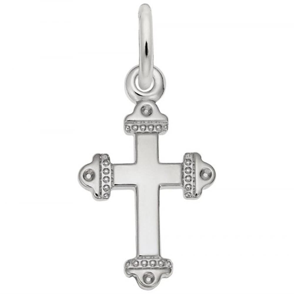The Rembrandt Charms Medieval Cross Charm, crafted from sterling silver, boasts an ornate design with rounded accents on each end and a small loop at the top for easy attachment to a chain. Its smooth, reflective surface is enhanced by decorative dots along the ends.