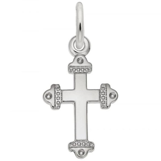 The Rembrandt Charms Medieval Cross Charm, crafted from sterling silver, boasts an ornate design with rounded accents on each end and a small loop at the top for easy attachment to a chain. Its smooth, reflective surface is enhanced by decorative dots along the ends.