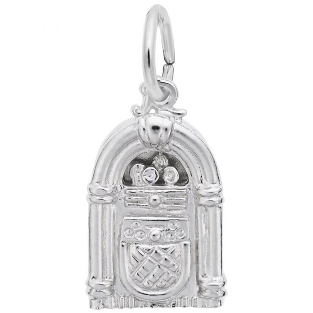 The Juke Box Charm by Rembrandt Charms is crafted from sterling silver and designed in the shape of a vintage jukebox. It features detailed engravings that resemble speakers, dials, and decorative accents. A small loop at the top makes it easy to attach to a bracelet or necklace.