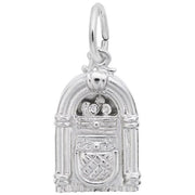 The Juke Box Charm by Rembrandt Charms is crafted from sterling silver and designed in the shape of a vintage jukebox. It features detailed engravings that resemble speakers, dials, and decorative accents. A small loop at the top makes it easy to attach to a bracelet or necklace.