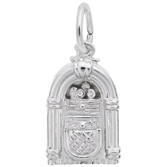 The Juke Box Charm by Rembrandt Charms is crafted from sterling silver and designed in the shape of a vintage jukebox. It features detailed engravings that resemble speakers, dials, and decorative accents. A small loop at the top makes it easy to attach to a bracelet or necklace.