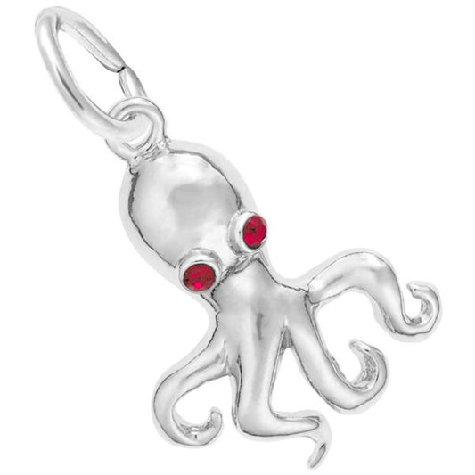 The Rembrandt Charms Octopus Charm in Sterling Silver features detailed tentacles, red gemstone eyes, and a small circular loop for attaching to a chain or bracelet.