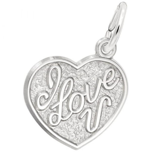 The "I Love You Charm" by Rembrandt Charms features a heart-shaped design with a textured background and the words "I love U" elegantly written in cursive. This sterling silver charm also includes a small loop at the top, perfect for attaching to a chain or bracelet.