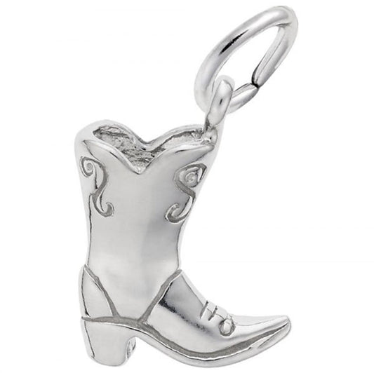 The Cowboy Boots Charm in Sterling Silver by Rembrandt Charms is adorned with decorative swirls and includes a loop for attaching to a chain or bracelet.